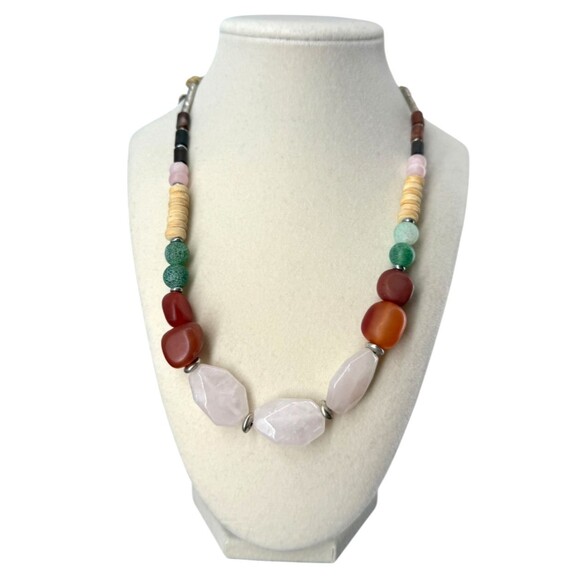 J. Jill Beaded Necklace Island Delight Red Agate Pink Rose Quartz Adjustable NWT - Picture 2 of 11
